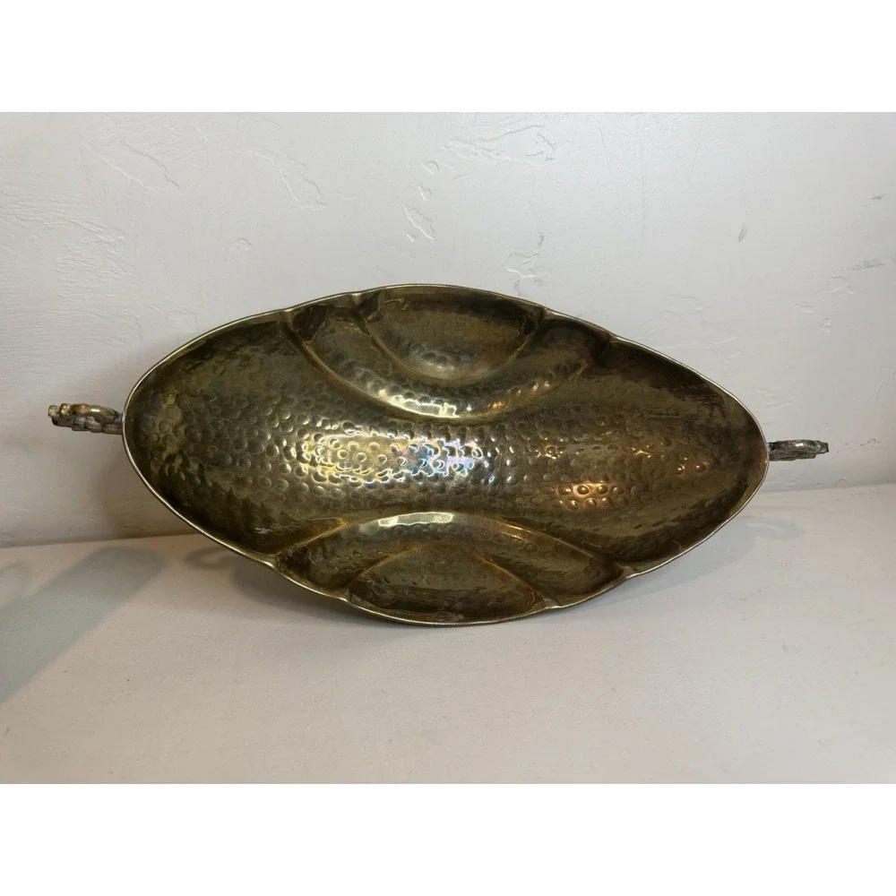 Vintage Hammered Brass Console Fruit Bowl with Side Handles & Scalloped Sides